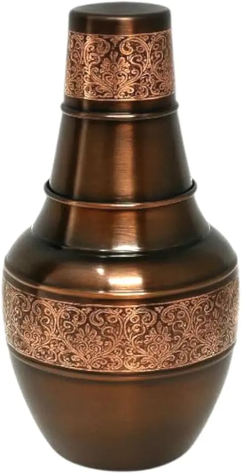 Pure Copper Bedroom Carafe Water Bottle With Inbuilt Glass, Surahi Design - Embossed Carafe for Bedside - Storage & Drink ware, Volume 1.4 Lt - 47.3 US Fluid Ounce Capacity