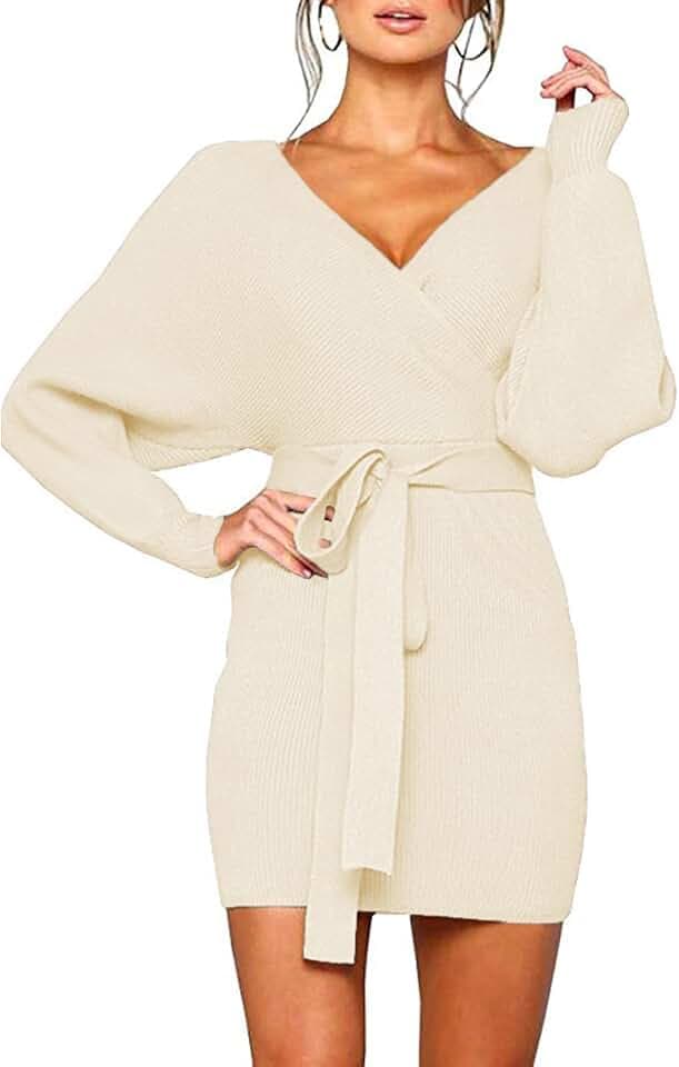 Mansy Women's Sexy Cocktail Batwing Long Sleeve Backless Mock Wrap Knit Sweater Mini Dress