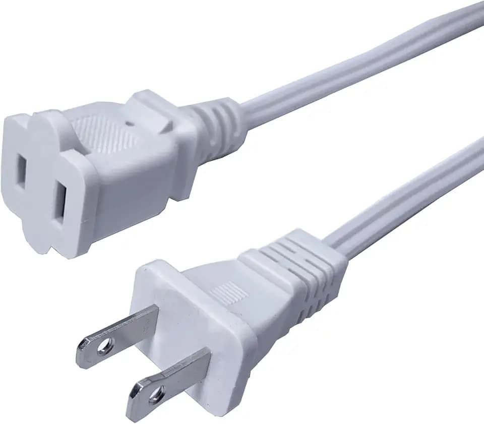 10 FT Extension Cord, White, 2 Prong Power Cable,2 Outlet 18Awg 10A 125V
