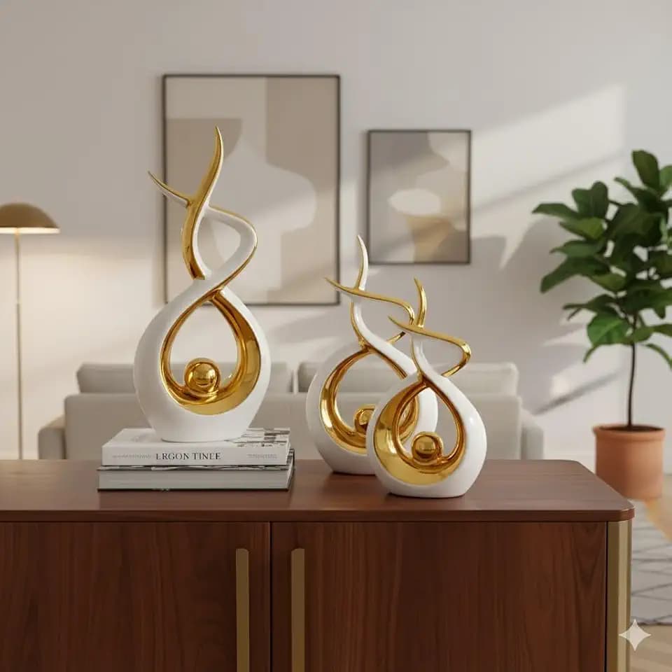 Querro Modern Abstract Ceramic Statue - Elegant White & Gold Decor for Home Living Room, Dining Table Centerpiece & Office Shelf | Luxury Aesthetic Sculpture(Small)