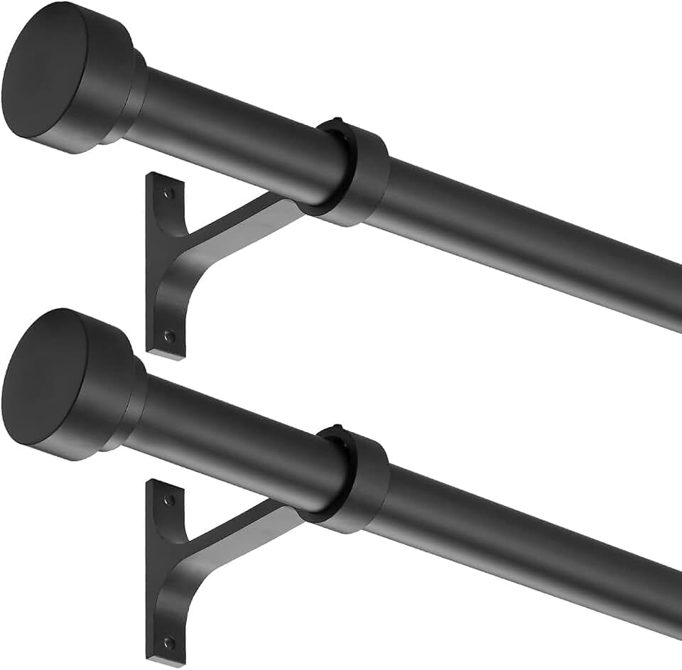 2 Pack Heavy Duty 1 Inch Diameter Single Curtain Rods 36-72” Adjustable Window Curtain Rod with Aluminum Alloy Cylindrical Cap Finials, Wall Mount and Ceiling Mount, Matte Black