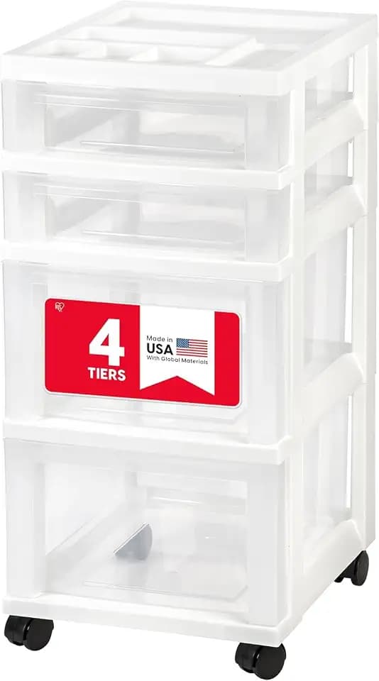 IRIS USA 4-Drawer Rolling Storage Cart, White/Clear