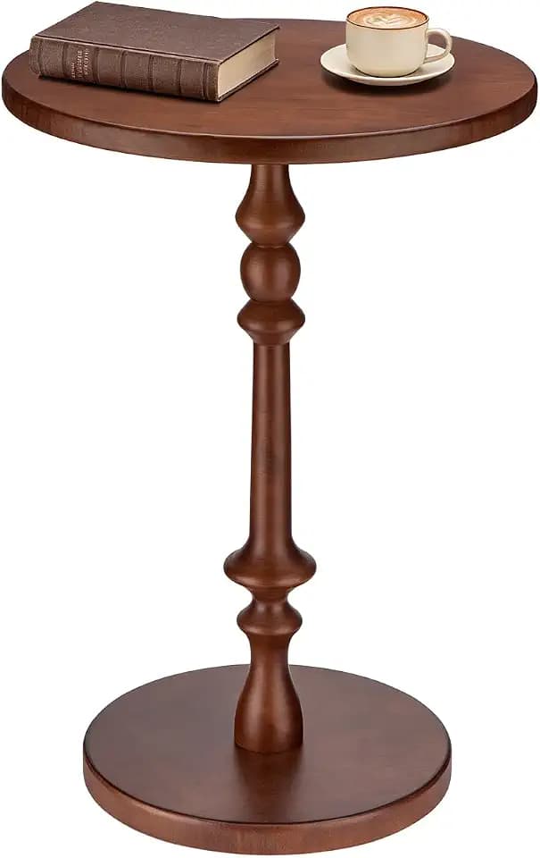 Solid Wood Round Side Table, 15.75" Small Drink Table with Non-Slip Pedestal Base, Modern End Table Accent Table for Living Room and Bedroom, Brown