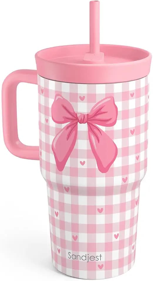 SANDJEST Bow Stainless Steel Tumbler 20oz with Handle and Silicone Straw Locking Lid for Kids Girls, Birthday Christmas Back to School