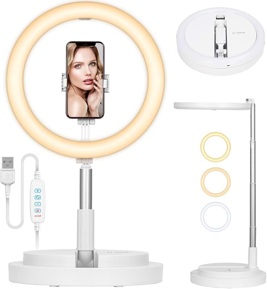 TARION Ringlicht mit Stativ LED Ringleuchte: Tisch Ring Light 11,8 Zoll Ringlampe Lichtring Faltbare Ringlight mit Handyhalterung Handy Stativ für Smartphone Video Fotografie Live Steaming(Weiß)