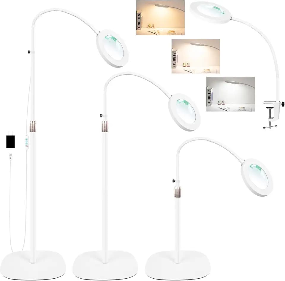 4-in-1 Magnifying Glass with Light and Stand, 3-Color Stepless Dimmable LED Magnifying Floor Lamp, 24" Gooseneck Swing Arm Lighted Magnifier with Clamp for Craft Esthetican (12X White)