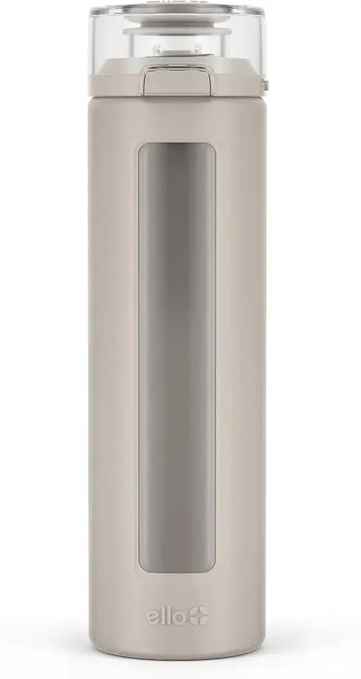 Ello Syndicate 20oz Glass Water Bottle with Flip Lid and Sleeve, Sand