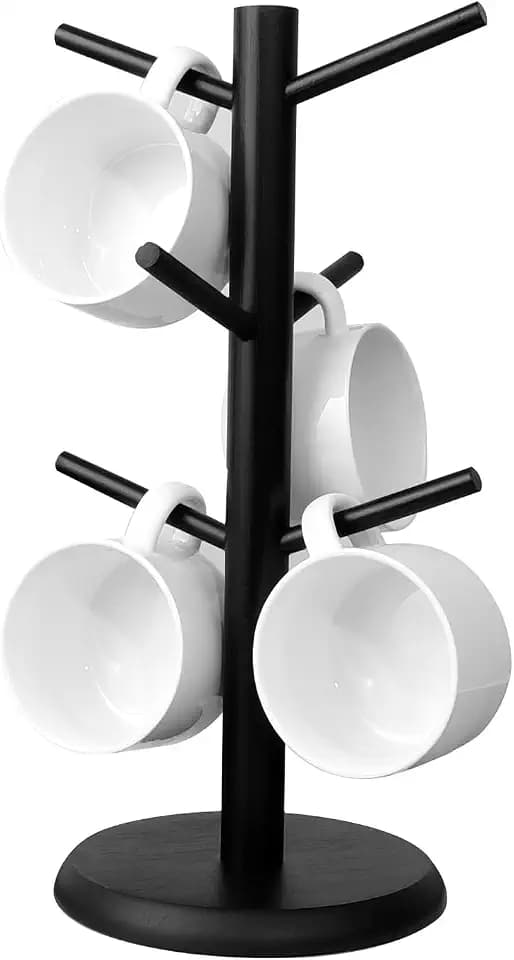 FOSFUKEER Kaffeebecherhalter, schwarzer Bambusbecherbaum mit dickerem Boden, Kaffeetassenständer, Becherhalter für die Theke, Kaffeebecherregal, Organizer mit 6 Haken (Schwarz)