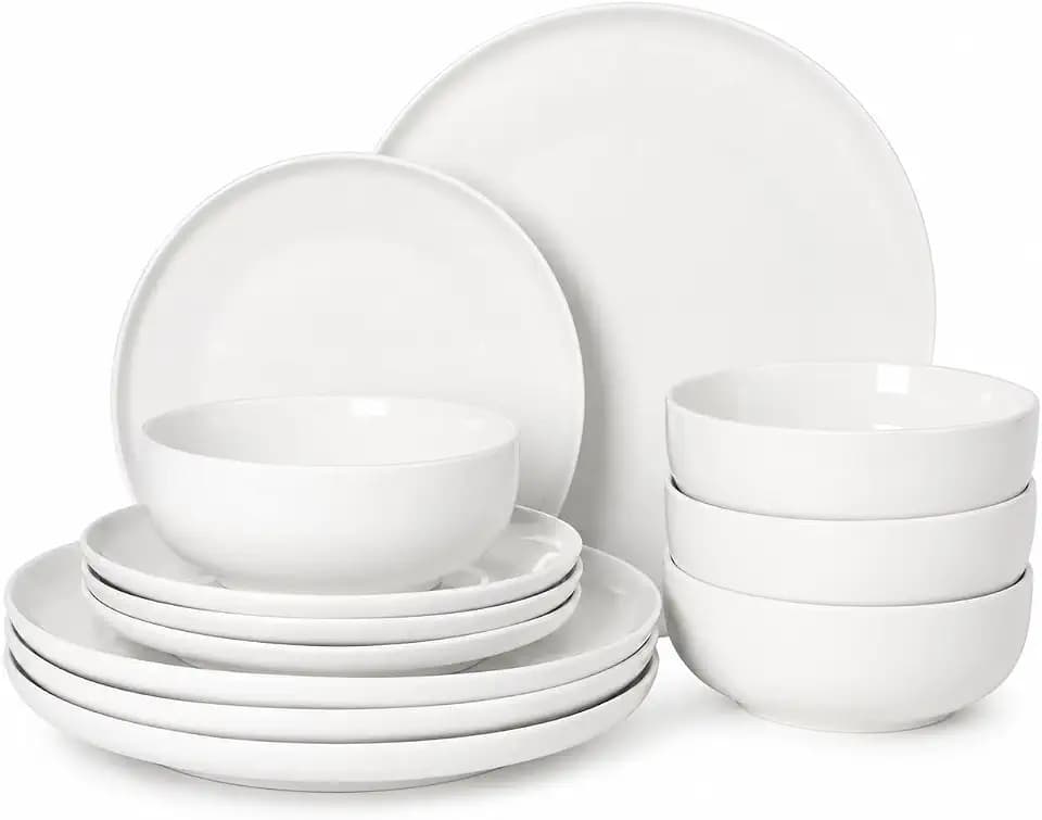 Gibson Home Havenstone 12-Piece Porcelain Dinnerware Set – Dinner Plates, Salad Plates & Bowls, Classic White Everyday Dish Set for Home, Kitchen, Microwave & Dishwasher Safe