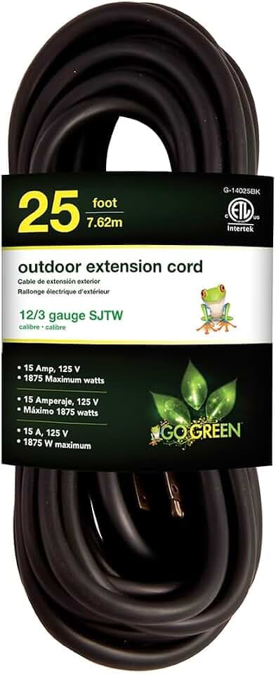 Go Green Power Inc. (G-14025BK) 12/3 SJTW Outdoor Extension Cord, Black, 25 ft
