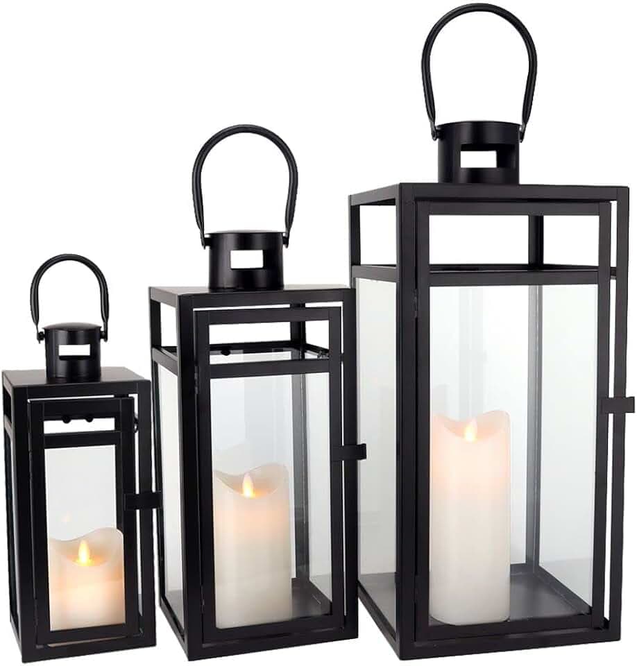 TRIROCKS Stainless Steel Lantern Set of 3 - Assorted Sizes (12/15/19 Inch) - Tall Metal Hanging Lanterns with Clear Glass Panels, Indoor & Outdoor Home Decor for Parties & Events - Black Finish