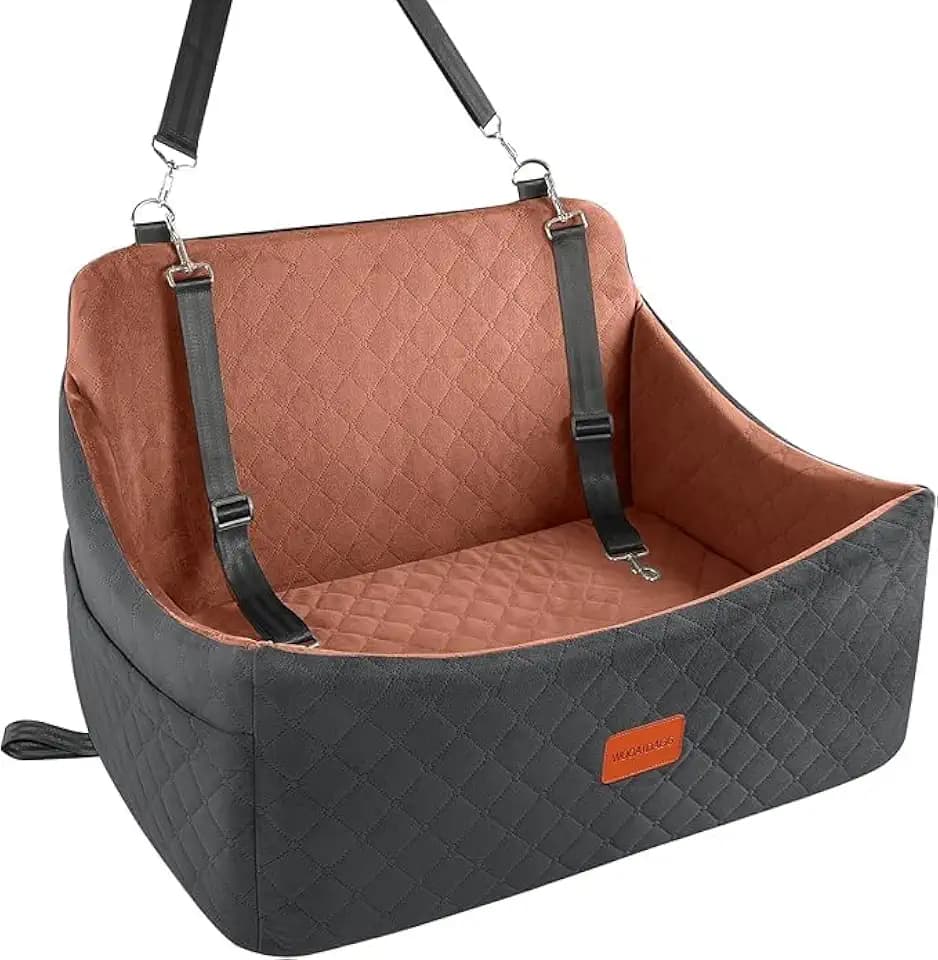 car Pet Seat for Medium Sized dog Up to 55lbs, Super Soft Fabric Filling in Memory Foam, car Dog Bed with Safety Belt Loops, Fully Detachable and Washable (Black/Brown, Large)