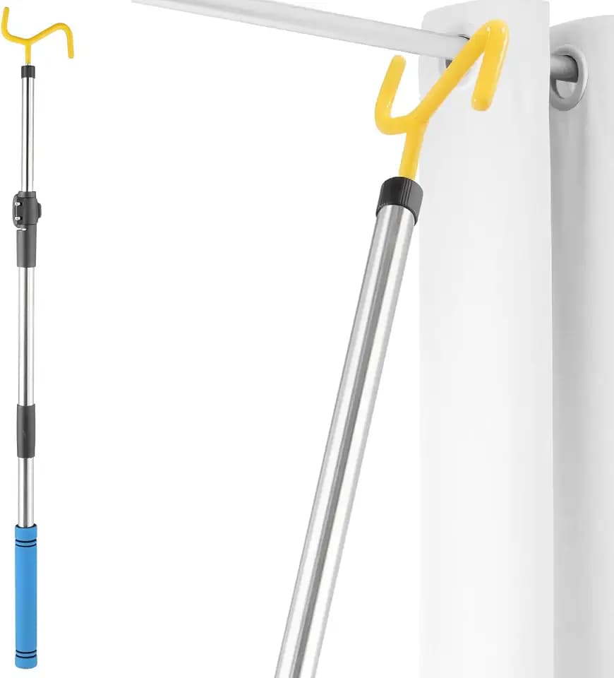 Drapery Pull Rod,36“ to 63”Curtain Pull Wand Telescoping Pole Heavy Duty For Curtains Wand Stainless Steel Tubes Soft Sponge Handle Rod for Curtains Extension Pole Lightweight(Blue Handle )