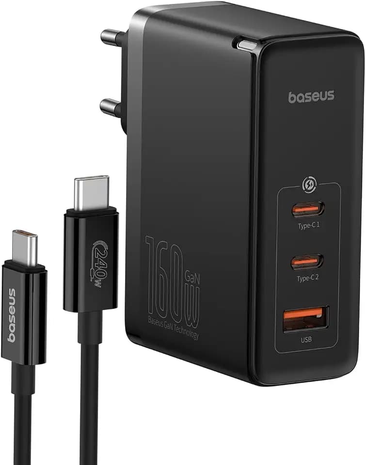 Baseus USB C Ladegerät 160W, 3 Ports PD3.1 GaN5 Charger Typ C Netzteil Schnellladegerät Kompatibel mit MacBook Pro/Air, Laptop, iPhone 16/15/14/13 Pro Max, iPad, Samsung Galaxy S24 Ultra, SteamDeck