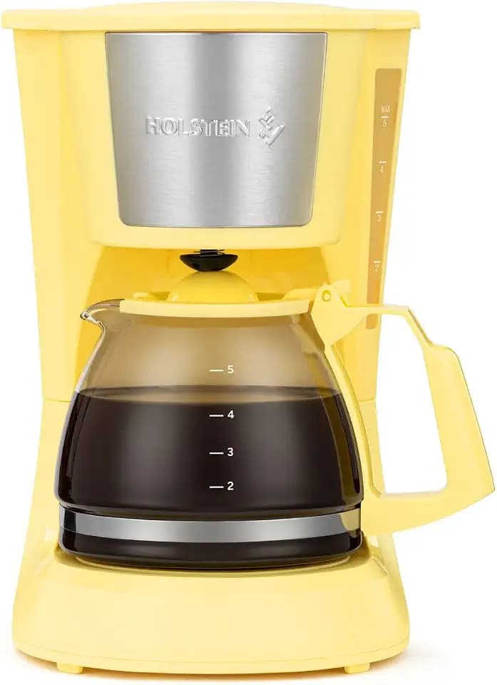 Holstein Housewares 5 Cup Drip Coffee Maker – Compact and User-Friendly with Auto Pause & Serve, Reusable Filter, Measuring Spoon & Glass Carafe, Office & Dorm Use, Yellow