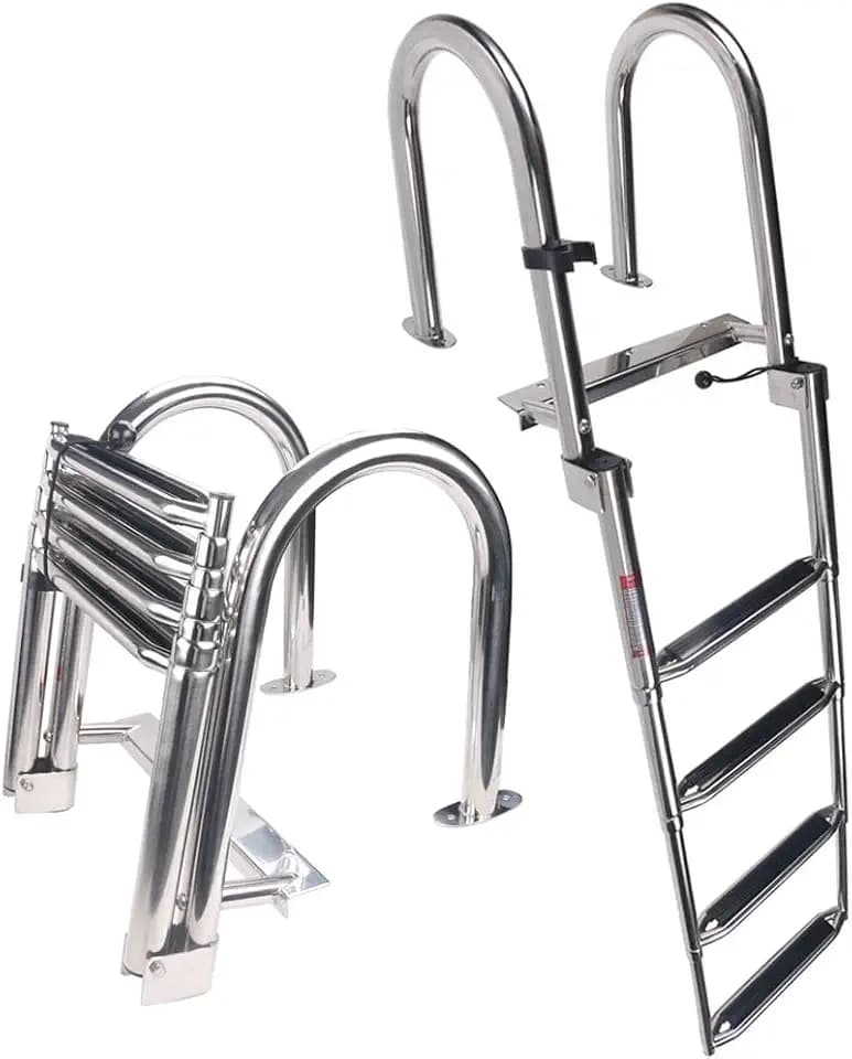 Stainless Steel in-Board 4-Steps Ladder Welded Reinforce Folding Docking Ladder, Folding Telescoping Rear Entry Inboard Ladder