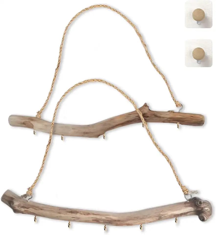 Qenk 2Pcs Driftwood Wall Decor, 15 Inch Branch Jewelry Organizer, 5 Hooks