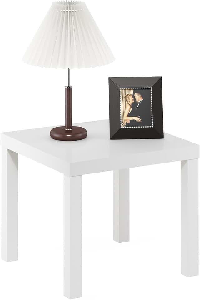 Furinno CLASSIC Side Table, Square Modern End Table with 1.8" Triple Thick Tabletop, Simple Night Stand, Bedside Table, Toolless Assembly, for Living Room, Bedroom, White