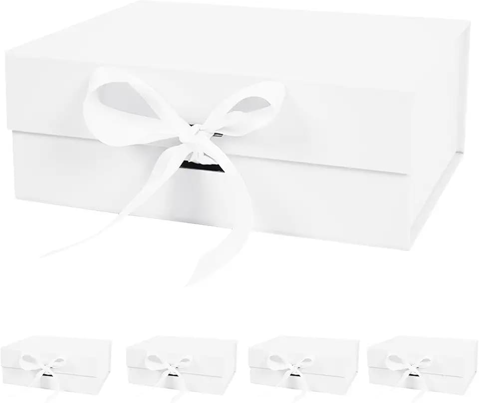 Aimyoo 5 Pack White Gift Box with Ribbon, 8.6x6.7x3.4 inch Groomsman Proposal Box for Presents with Magnetic Closure Lids, Rectangle Collapsible Luxury Box for Wedding, Christmas, Halloween, Birthday