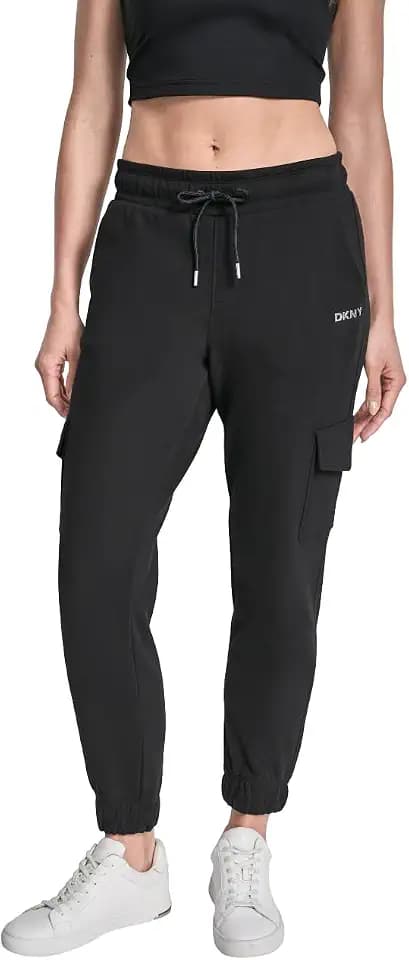DKNY Women's Metallic Bubble Logo Slim Fit Cargo Jogger Sweatpants with Pockets
