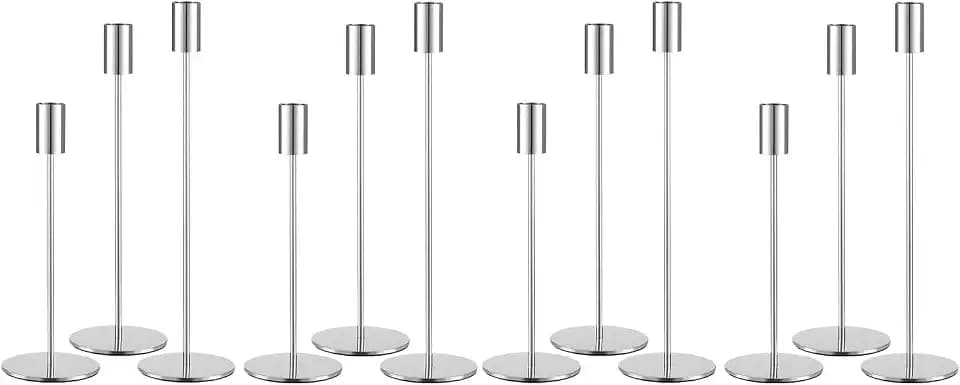 Set of 12 Silver Taper Candle Holders, Tall Candle Holder, Metal Silver Candlestick Holders, Fits 3/4 inch Thick Candle&Led Candles, for Table Centerpiece, Wedding, Dinning, Party Home Decor