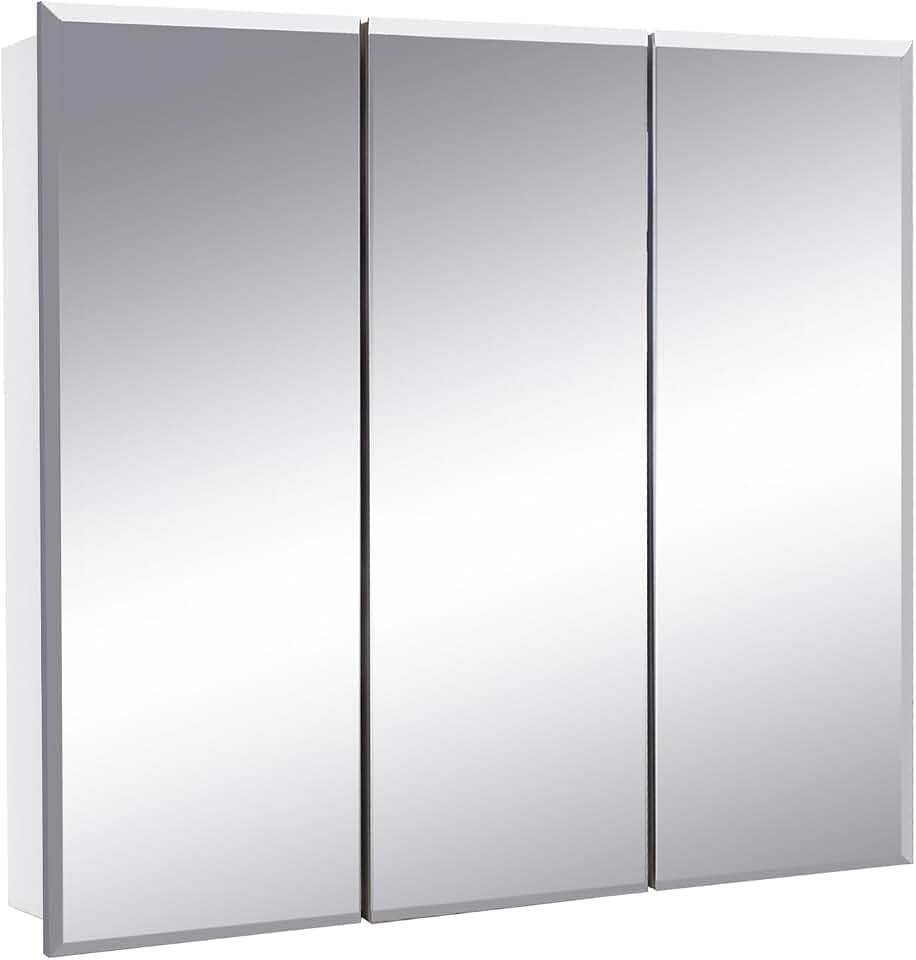 Design House Cyprus Bathroom Medicine Cabinet with Mirror, 25 Inch Recessed or Surface Mount Cabinet, 3 Frameless Mirrored Doors, 2 Shelves, White, Pre-Assembled, 597484