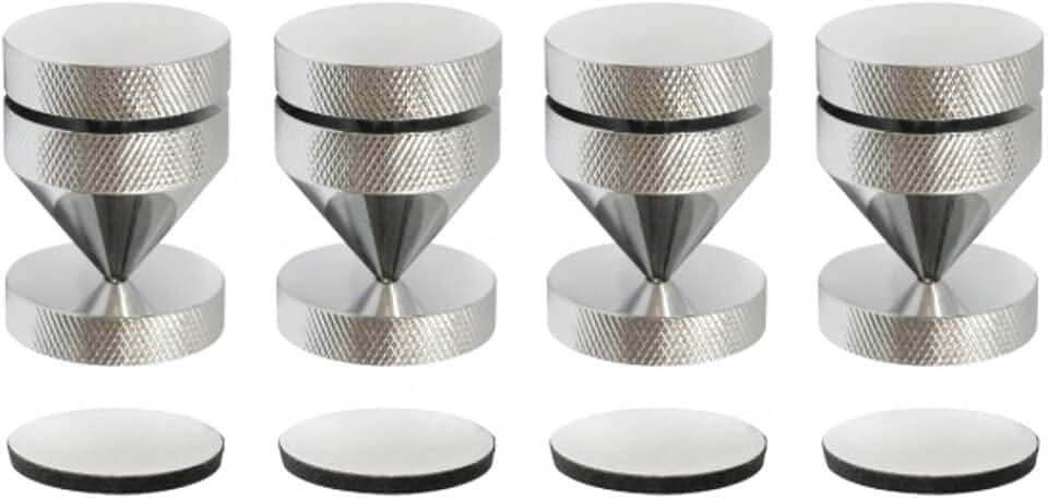 Dynavox Sub-Watt-Absorber 4er Set, höhenverstellbare Entkoppler für HiFi-Geräte und Lautsprecher mit Unterlegscheiben, Chrom