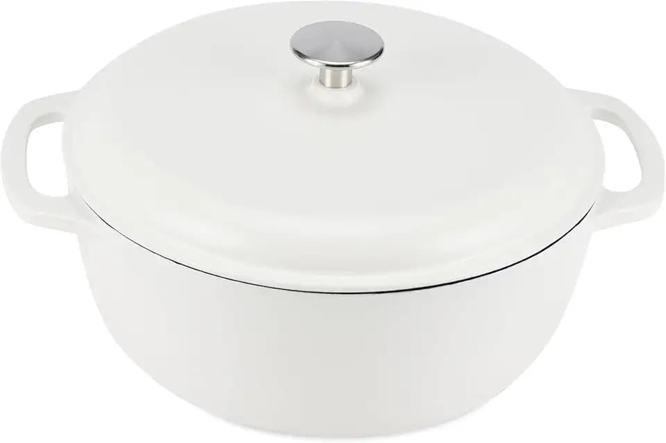 Amazon Basics Enameled Cast Iron Dutch Oven Pot With Lid, 6-Quart, Round, Dual Handles, Heavy-Duty, Oven Safe for Stews, Roasting & Baking, Matte White