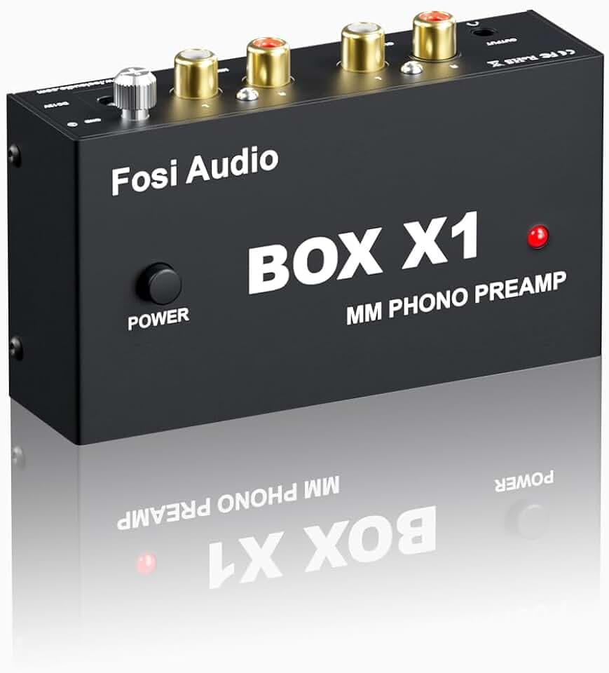 Fosi Audio BOX X1 Phono Vorverstärker für MM-Plattenspieler mit 3,5MM Kopfhörer und RCAAusgang, Mini PhonVorverstärker mit Ein-/Ausschalter für Phonographen/Plattenspieler, DC12V Netzteil inbegriffen