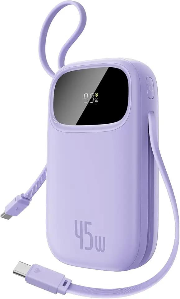 Baseus Powerbank 20000mAh 45W mit integriertem USB-C Kabel, QPow3 Power Bank PD3.0 QC4.0 Externe Handyakkus, 3 USB-C, 1 USB-A, Portables Ladegerät für iPhone 17/16/15 Pro Max, iPad, Galaxy, Lila