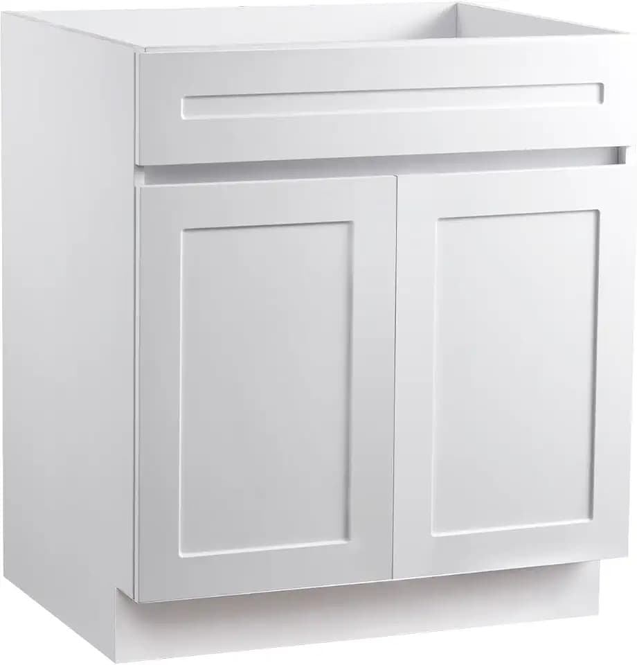 VEVOR White Shaker Base Cabinet, 30-Inch Unassembled Sink Base Cabinet, 30" W x 24" D x 34.5" H Ready to Assemble Cabinet with Soft-Close Doors and Adjustable Shelf, for Home Office