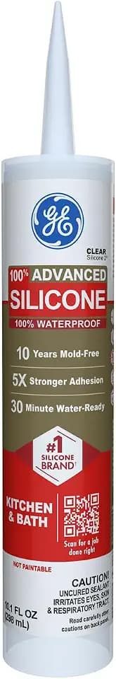 GE Advanced Silicone Caulk for Kitchen & Bathroom, Clear, 10 fl oz Cartridge, 1 Pack - 100% Waterproof Silicone Sealant, 5X Stronger Adhesion, Shrink & Crack Proof