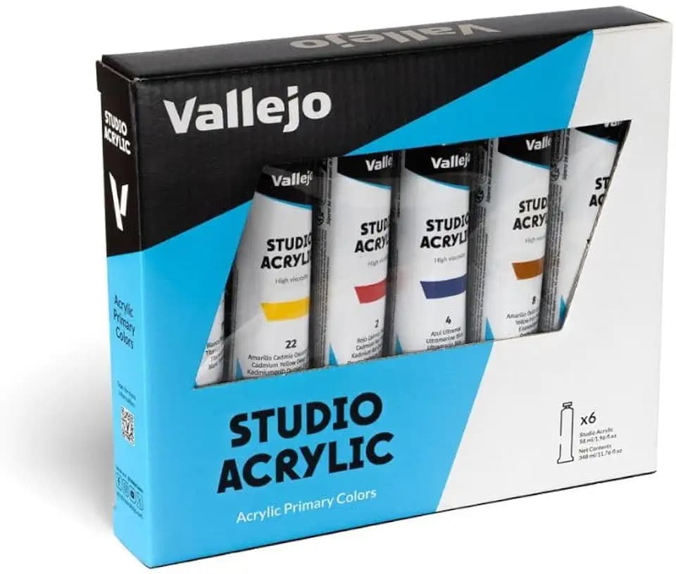 Vallejo - Studio Acrylic Primary Colors Set | Pigment-Rich Acrylic Paint Set for Professional and Students Artists | Multi-Surface Compatibility | Includes 6 x 58 ml. (1.96 fl.oz.) Aluminum Tubes