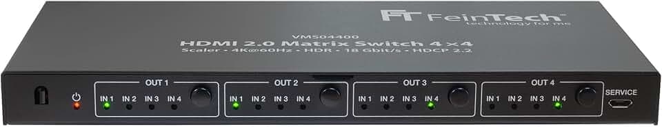 FeinTech VMS04400 HDMI 2.0 Matrix Switch 4x4 mit Scaler 4 in/Out 4K 60Hz Ultra-HD 18Gbps