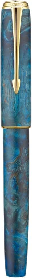 HONG DIAN A7 Stabilized Wood Fountain Pen, Extra Fine Nib Chinese Knot Carving Handcraft Pen with Converter and Metal Case Set (Galaxy Blue)