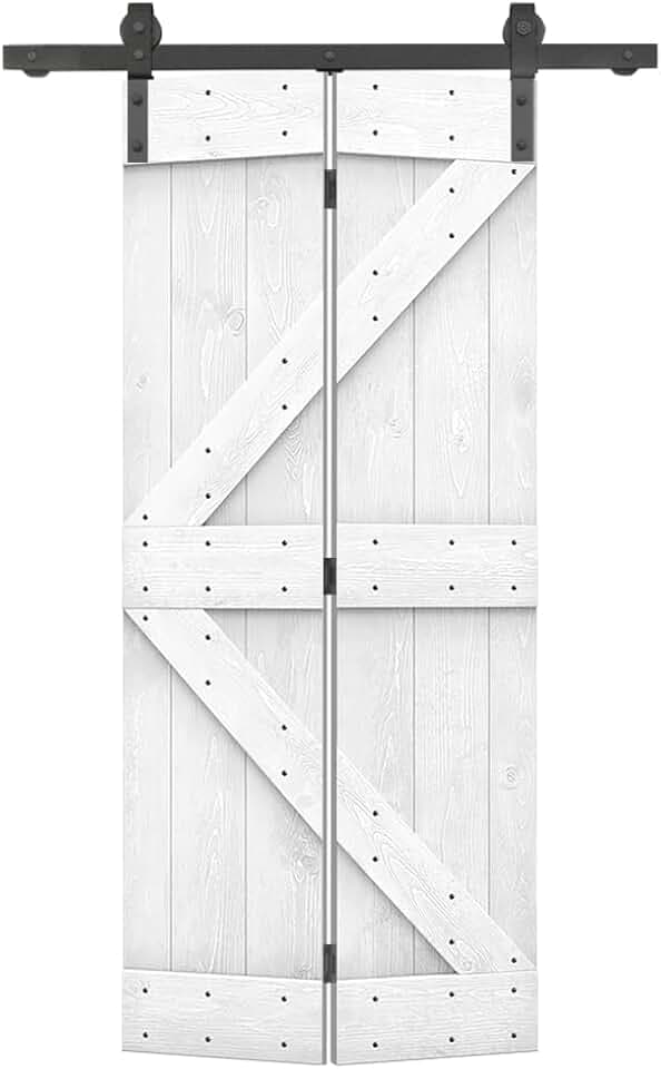 36 in. x 84 in. K Series White Stained DIY Wood Bi-Fold Barn Door with Sliding Hardware Kit