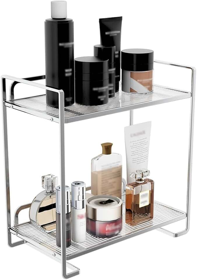 Bathroom Countertop Organizer, 2 Tier Acrylic Tray Vanity Counter Skincare Organizer Shelf, Kitchen Under Sink Standing Rack, for Counter Trays, Perfume, Display, Lotion, Cosmetic (Silver, 2 Layer)