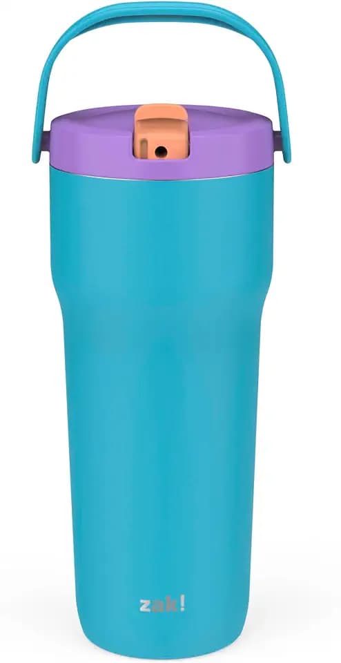 Zak Designs Sutton Travel Tumbler for On the Go, 30oz Stainless Steel with Vacuum Insulation, Straw Spout, Carry Handle for Cold Drinks (Turquoise)