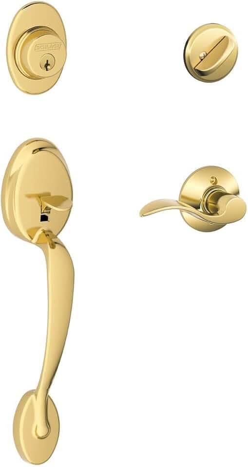 SCHLAGE Plymouth Single Cylinder Handleset and Right Hand Accent Lever, Bright Brass (F60 PLY 505 Acc 605 RH)