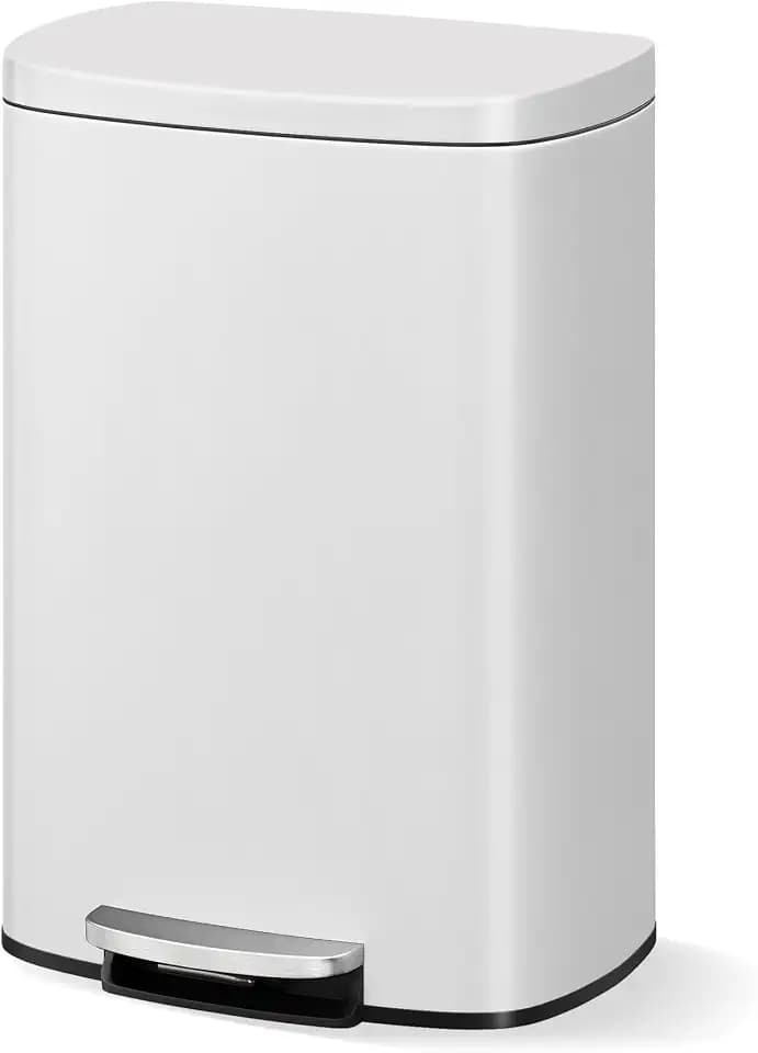 Garvee 13 gal / 50 L Metal Kitchen Trash Can with Lid, Large Rustproof Garbage Can for Kitchen, Step-on Trash Bin with Inner Bucket, Rear Handle, Soft Close Lid, White