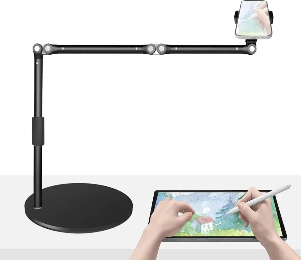 Overhead Stativ Handy für Tisch, 45 cm Langer Arm Handyhalterung für iPhone, 360° Drehbar, Stabile Smartphone Halterung zum Filmen, Streaming & Kochen