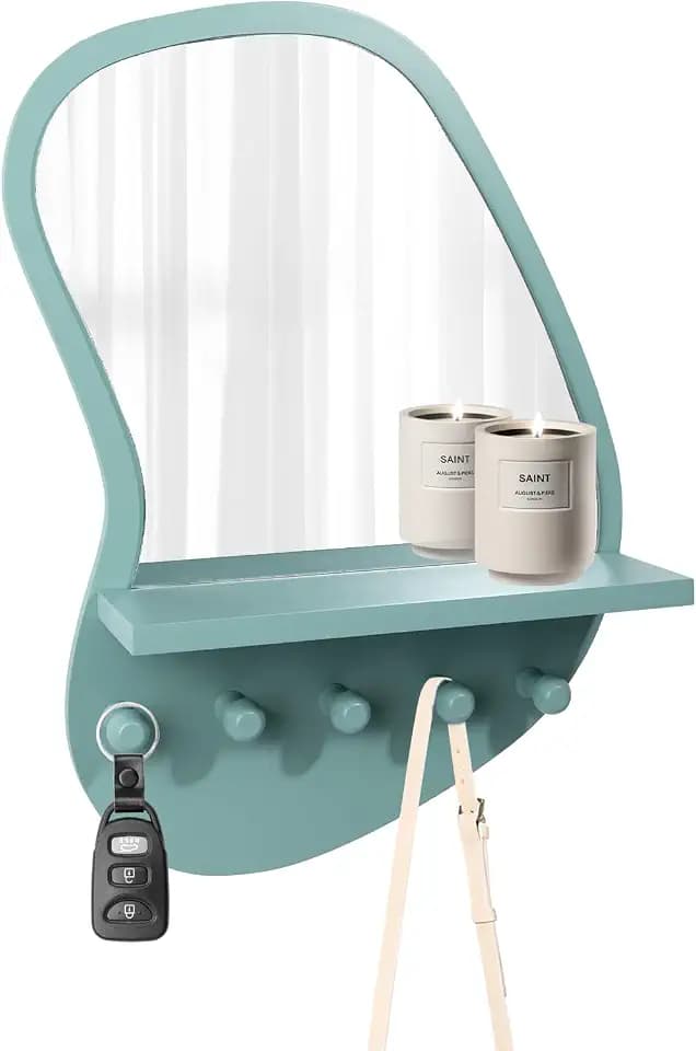 SANY DAYO HOME Wall Mount Wood Frame Irregular Mirror with 5 Wooden Hooks and Shelf, Modern Decorative Hanging Mirror for Entryway, Bedroom, Living Room (16″ x 12″, Turquoise)