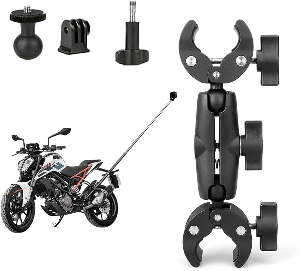 Kamera Klemme Halterung, mit 360° Doppelkugelkopf Anti-Shake 1/4 Zoll Action Kameras Halterungen Aluminium Motorrad Fahrrad Kamerahalterung Kompatibel mit GoPro / Insta360 / DJI