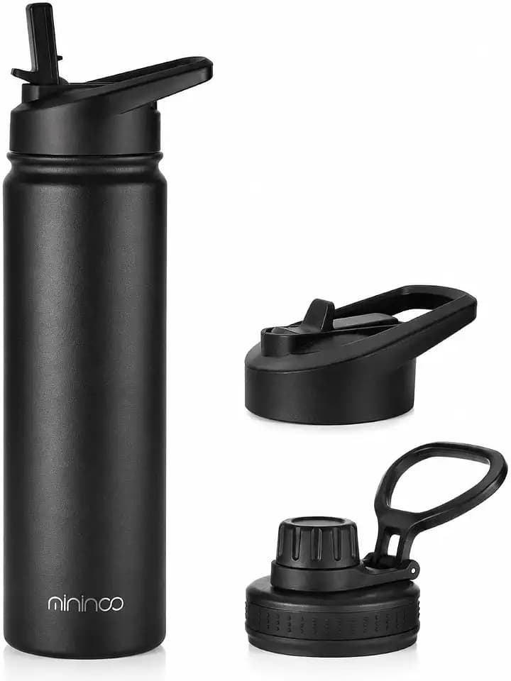 mininoo Insulated Stainless Steel Water Bottle with Straw and Lid for Sports, 24 oz, Black