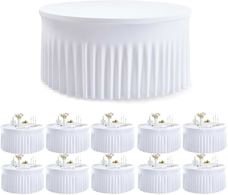 leegleri 10 Pack Spandex White Round Tablecloths for 72in Tables, Stretchy 132inch Fitted 6FT Cloths, Wrinkle Free Cover with Skirt for Wedding Birthday Party Bridal Shower Banquet
