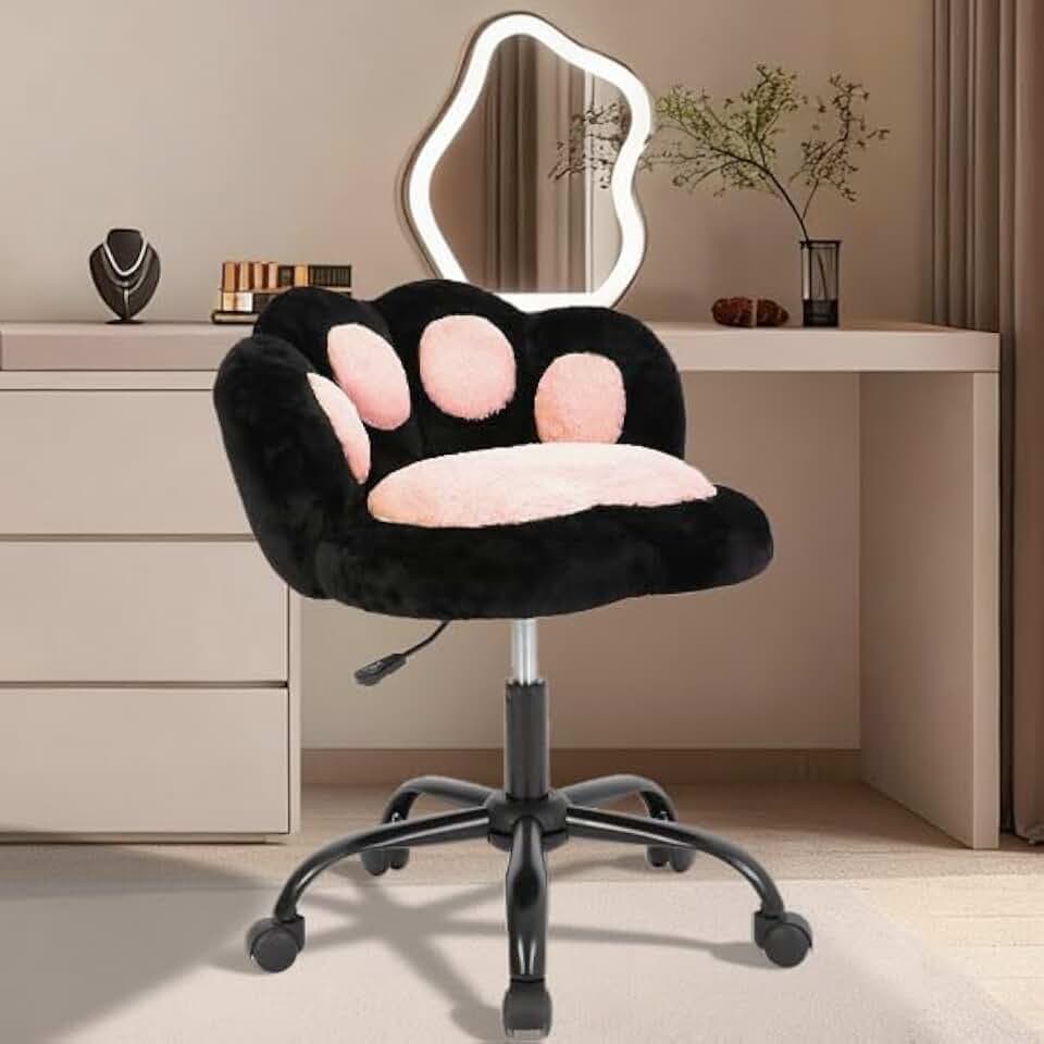 Garvee Vanity Chair with Cat Paw Back,Armless Desk Chair Cute Small Office Chair with Wheels,Teddy Fabric 360°Rotating Computer Chair,Adjustable Height for Vanity,Kids Room,Office,Bedroom,Black