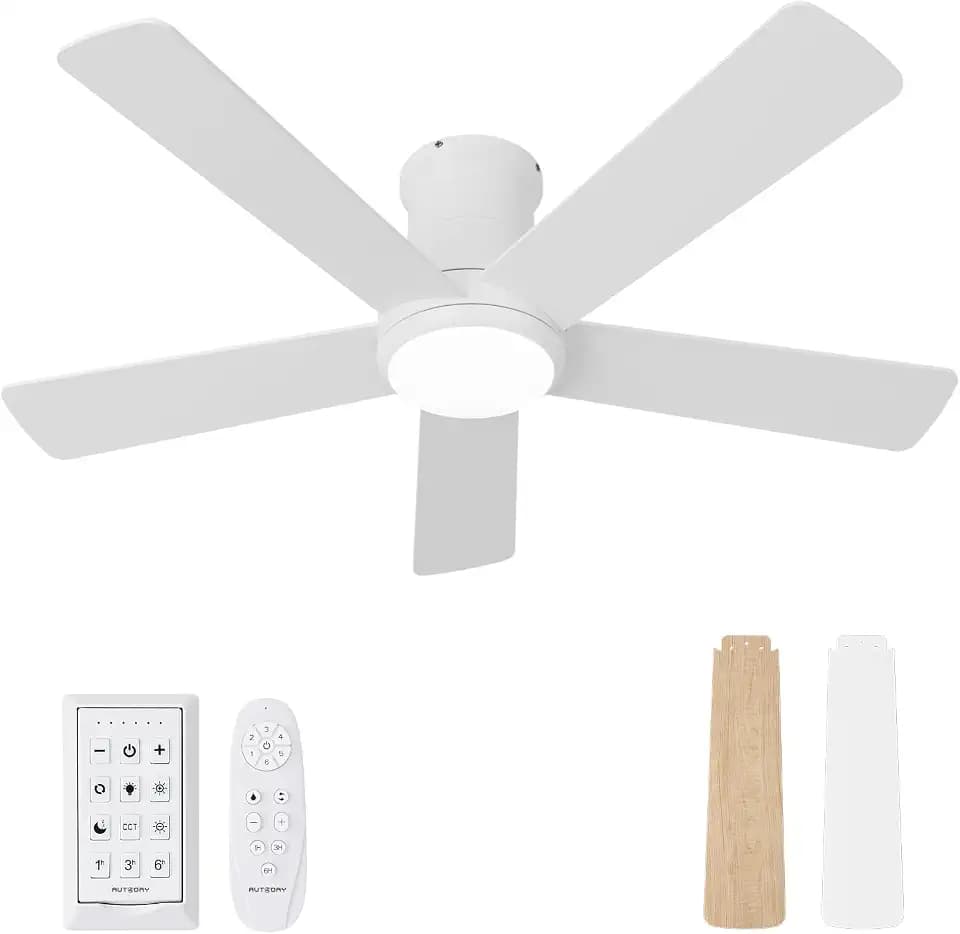 42 Inch White Ceiling Fans with Lights and Remote, Low Profile