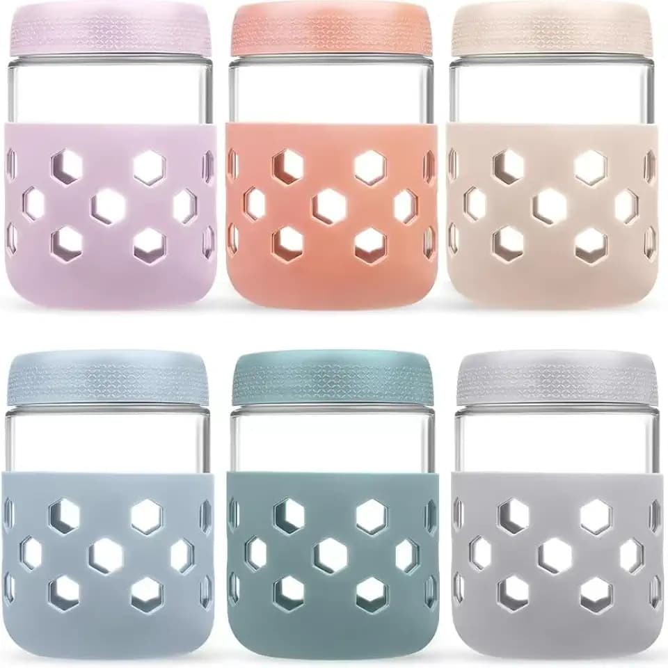 Overnight Oats Containers with Lids and Silicone Sleeve, 6 Pack Wide-Mouth Glass Food Storage Jars, 16oz Mason Jar Style Containers Perfect for Yogurt, Oatmeal, Fruit, Snacks and Meal Prep
