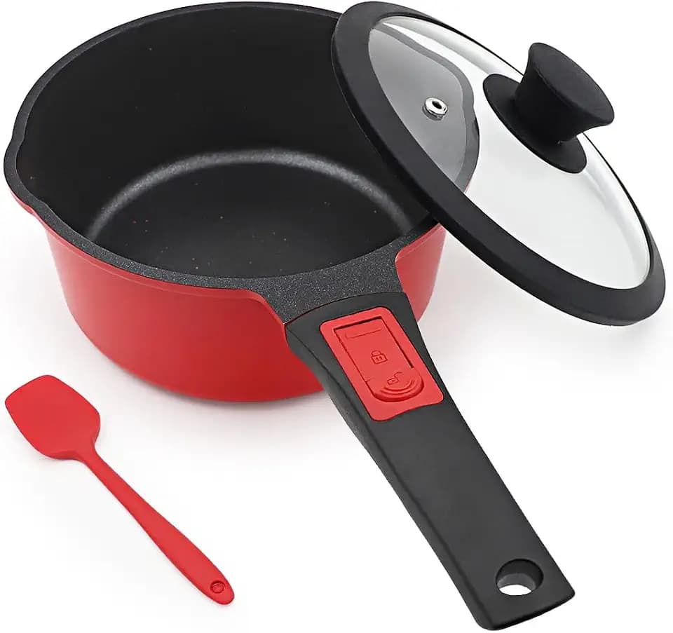 2 Qt Saucepan with Lid, Non Stick Sauce Pan with Lid, Milk Pot & Sauce Pot & Small Saucepan with Pour Spout, Detachable Handle Milk Pan, Mini Cooking Pot Induction Compatible, Oven Safe