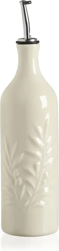 Sweejar Large Ceramic Olive Oil Dispenser Bottle, 24 Oz Relief Opaque Oil Cruet Protects Oil To Reduce Oxidation, Storage Vinegar, Soy Sauce, Coffee Syrup, Liquids, Set of 1 (Beige)